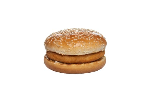 Bun with sesame and cutlet inside isolated on white background