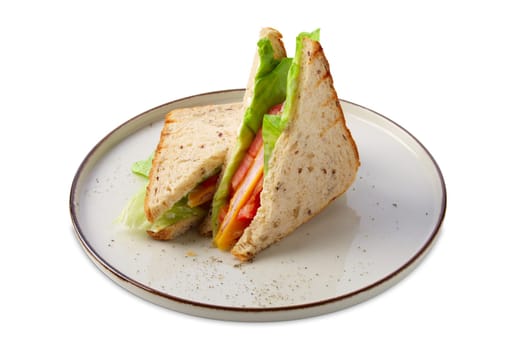Club sandwich with ham, cucumber, salad and cheese isolated on white