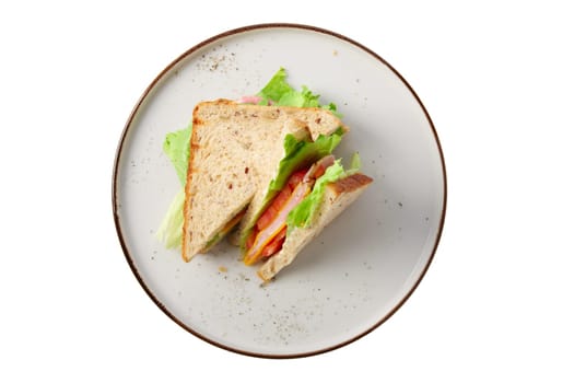 Club sandwich with ham, cucumber, salad and cheese isolated on white