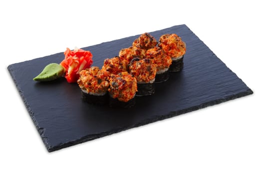 Portion of roasted rolls with shrimp isolated on white background