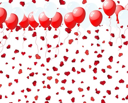 Beautiful balloons in the air on seamless hearts backgrond. Vector illustration.