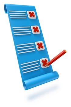 Checklist on clipboard paper with red crosses. 3D render.