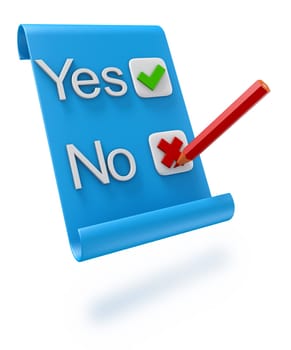 Checklist on clipboard paper with green checkmark and red cross. 3D render.