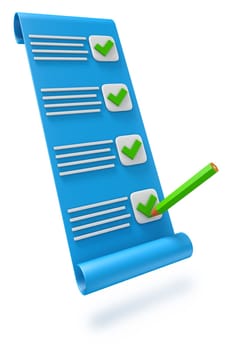 Checklist on clipboard paper with green checkmarks. 3D render.