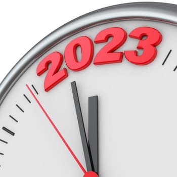 Round clock whose hands show the date 2023. 3d render.