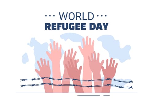 World Refugee Day Template Hand Drawn Cartoon Flat Illustration with Hands, Family and Climb Barbed Wire Fence to Immigrate to Save Place