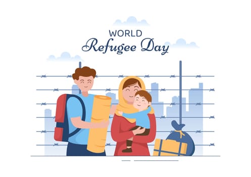 World Refugee Day Template Hand Drawn Cartoon Flat Illustration with Hands, Family and Climb Barbed Wire Fence to Immigrate to Save Place
