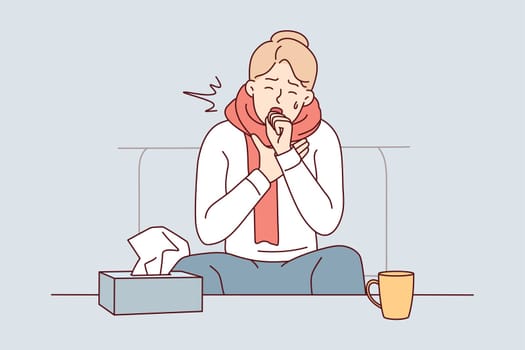 Unhealthy young man sit on sofa at home struggle with covid-19 symptoms. Unwell sick guy feeling bad coughing and sneezing having flu. Vector illustration.