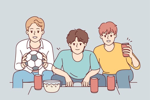 Happy guys watch football at home together . Vector Happy guys have fun sit at home watching football together. Smiling friends enjoy weekend indoors with sport match. Vector illustration.