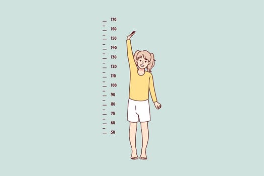Small girl child show height standing near measuring tape on wall. Little kid growing showing how tall she is. Childhood aging concept. Vector illustration.