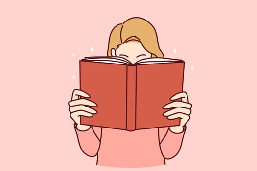 Young woman with book enjoy reading. Engaged girl with textbook lost in literature. Bookworm and hobby. Vector illustration.