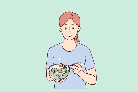 Smiling young woman eating healthy salad follow diet. Happy girl enjoy vegetable meal care about good habits. Nutrition and vegetarian lifestyle. Vector illustration.