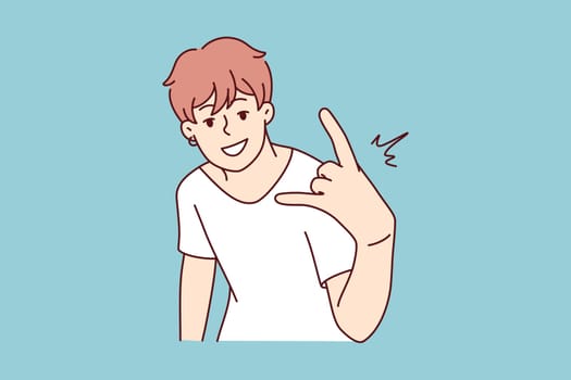 Cool young man show hand gesture. Smiling millennial guy demonstrate sign or symbol. Youth culture concept. Vector illustration.