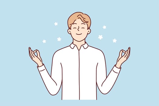 Happy young man with mudra hands meditate relieve negative emotions. Smiling calm male practice yoga think positive. Mental health concept. Vector illustration.