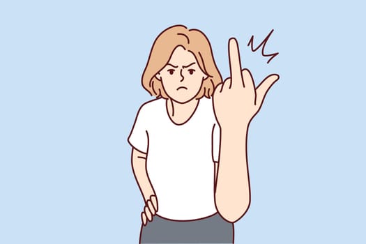 Furious young woman show fuck you gesture. Angry girl demonstrate middle finger. Nonverbal communication. Vector illustration.