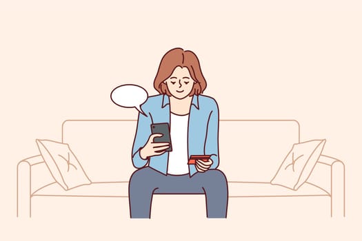 Young woman sit on sofa at home buying online on cellphone pay with credit card. Smiling girl shopping pay on smartphone with application. Vector illustration.