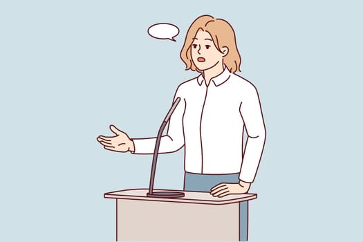Successful businesswoman talk in microphone at business conference or seminar. Confident female boss or leader have speech or presentation for audience. Vector illustration.