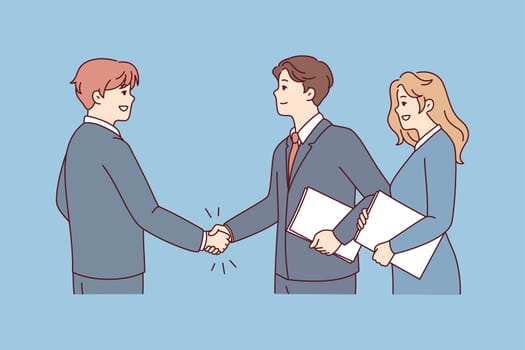 Smiling businesspeople shake hands get acquainted at meeting. Happy business partners handshake close deal or make agreement. Vector illustration.