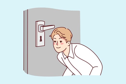 Suspicious young man look in door lock. Smiling guy peep in door hole spy after neighbors at home. Vector illustration.