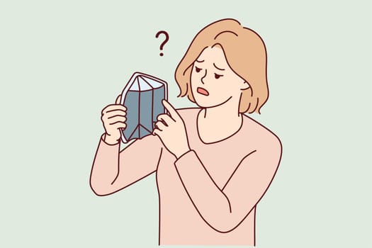 Distressed young woman with empty wallet suffer from bankruptcy. Unhappy poor girl struggle with poverty and money lack. Vector illustration.