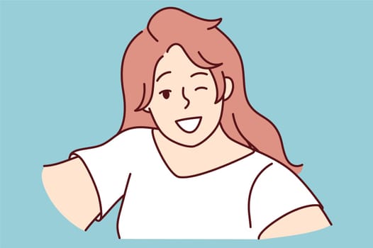 Smiling young woman make selfie on camera. Happy girl have fun take self-portrait picture on cellphone. Vector illustration.