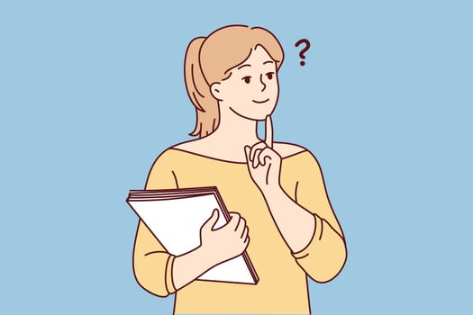Pensive young woman with documents make decision or plan. Thoughtful girl thinking and brainstorming. Vector illustration.