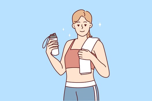 Portrait of smiling toned young woman in sportswear follow healthy lifestyle do sports. Happy sportive fit girl show good figure after workout. Vector illustration.