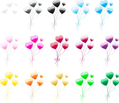 Set of 15 colorful heart shaped balloons. Vector totally editable