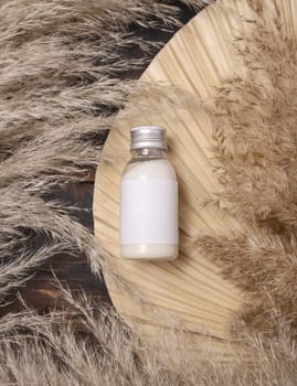 Cosmetic bottle on palm leaf near pampas grass top view, label mockup. Skincare beauty product, cleanser or water. Bohemian eco friendly cosmetics flat lay with dried leaves.