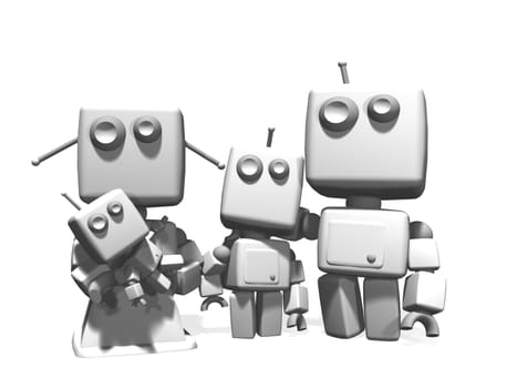 A four robots family, with mother, father, a joung son and a baby  3D computer generated on white background