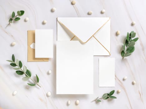 Cards and envelope on a marble table near eucalyptus branches and pebbles top view, Mockup. Romantic flat lay with wedding stationery set. Minimal composition. Close to nature