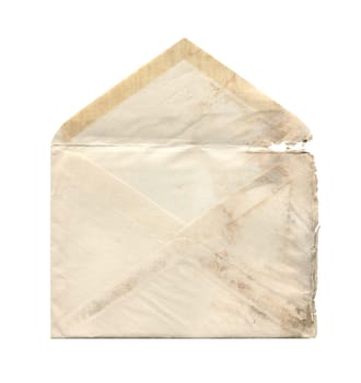 front view closeup of blank old aged vintage open letter paper postage envelope with torn edges and wrinkled grunge texture isolated on white background