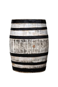 front view closeup of wine barrel with wood painted white and black metal stripes isolated