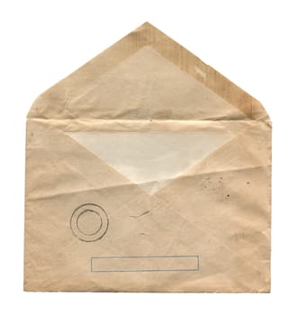 front view closeup of blank old aged vintage open letter paper postage envelope with torn edges faded stamp print and wrinkled grunge texture isolated on white background