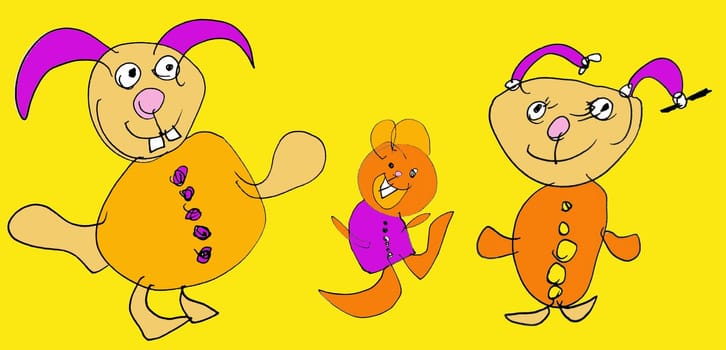 Childs Drawing of the happy family of Rabbits against the yellow background