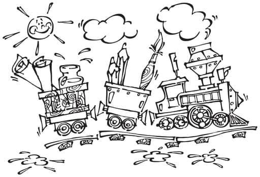 Baby train with pencils and brushes. Stylization baby drawing for design of the publishing, text, illustration for children.