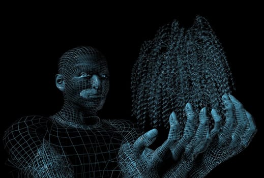 3d men grow tree abstract wire