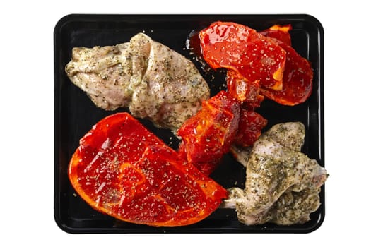Marinated varieties of meat ready for grilling isolated on white background