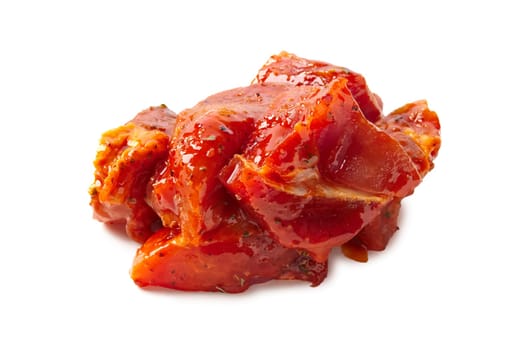 Raw piece of meat with spice and sauce prepered for barbecue. Gastronomy template isolated on white background.