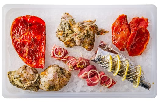 Raw meat, fish and chicken with spice and sauce prepered for barbecue. Gastronomy template isolated on white background.