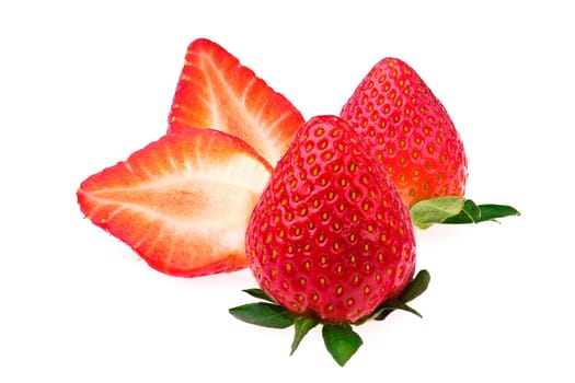 Macro photo of fresh juicy strawberry isolated on white. Three fruits, one cut in half.