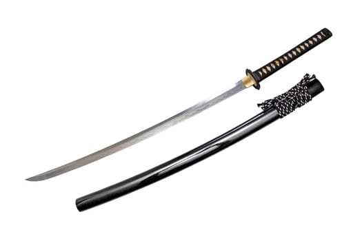 Japanese sword steel fitting and black silk cord with glossy black scabbard isolated in white background. Selective focus.