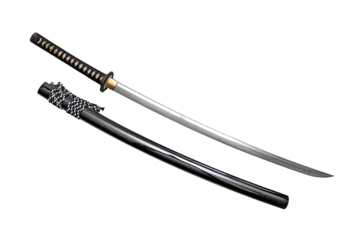 Japanese sword steel fitting and black silk cord with glossy black scabbard isolated in white background. Selective focus.