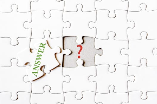 Missing jigsaw puzzle piece with word ANSWER, covering question mark. Business concept image for completing the final puzzle piece.