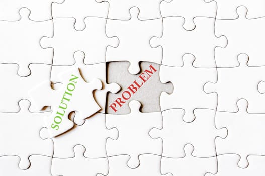Missing jigsaw puzzle piece with word SOLUTION, covering  text PROBLEM. Business concept image for completing the final puzzle piece.