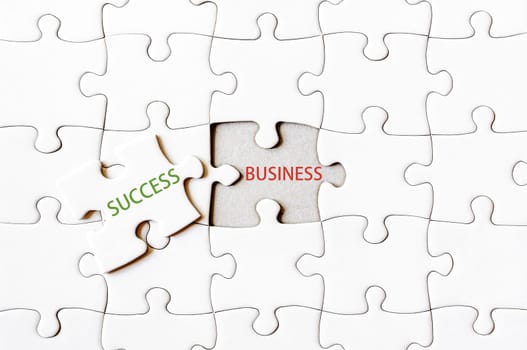 Missing jigsaw puzzle piece with word SUCCESS, covering text BUSINESS. Business concept image for completing the final puzzle piece.
