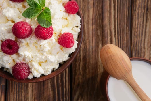 Dairy products: milk, cottage cheese, raspberry and mint. Copy space background