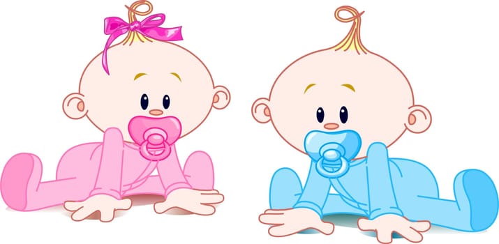 Two adorable babies -  the girl with bow and the boy.