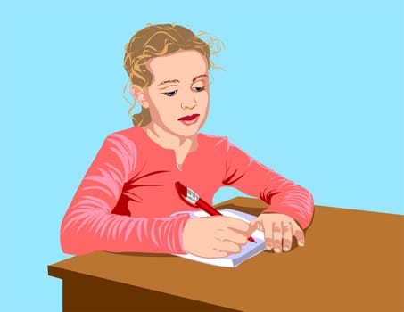 The schoolgirl writes to writing-books, the written task carries out
