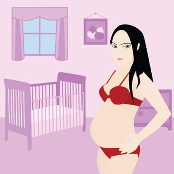 Illustration of a young pregnant woman in a pink baby room